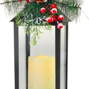 Lampáš MagicHome Vianoce, s vetvičkou, plast, čierny, 1xLED žltá, 14x14x32.2 cm, 3xAAA, pohyblivý plameň