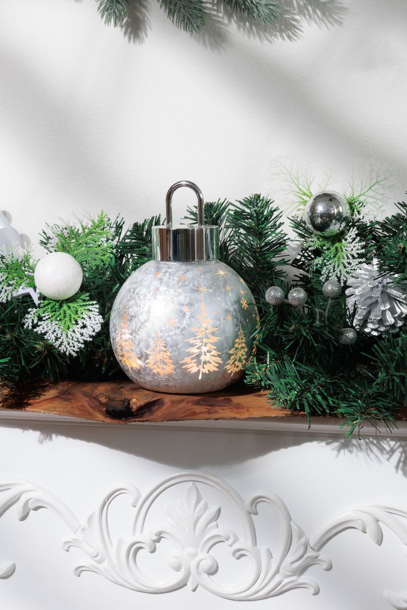 Guľa MagicHome Vianoce, sklo, strieborná, 10xLED teplá biela, 12x12x18 cm, 2xAA – Obrázok 3