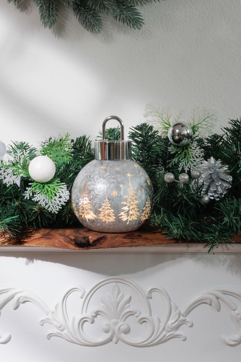 Guľa MagicHome Vianoce, sklo, strieborná, 10xLED teplá biela, 12x12x18 cm, 2xAA – Obrázok 2