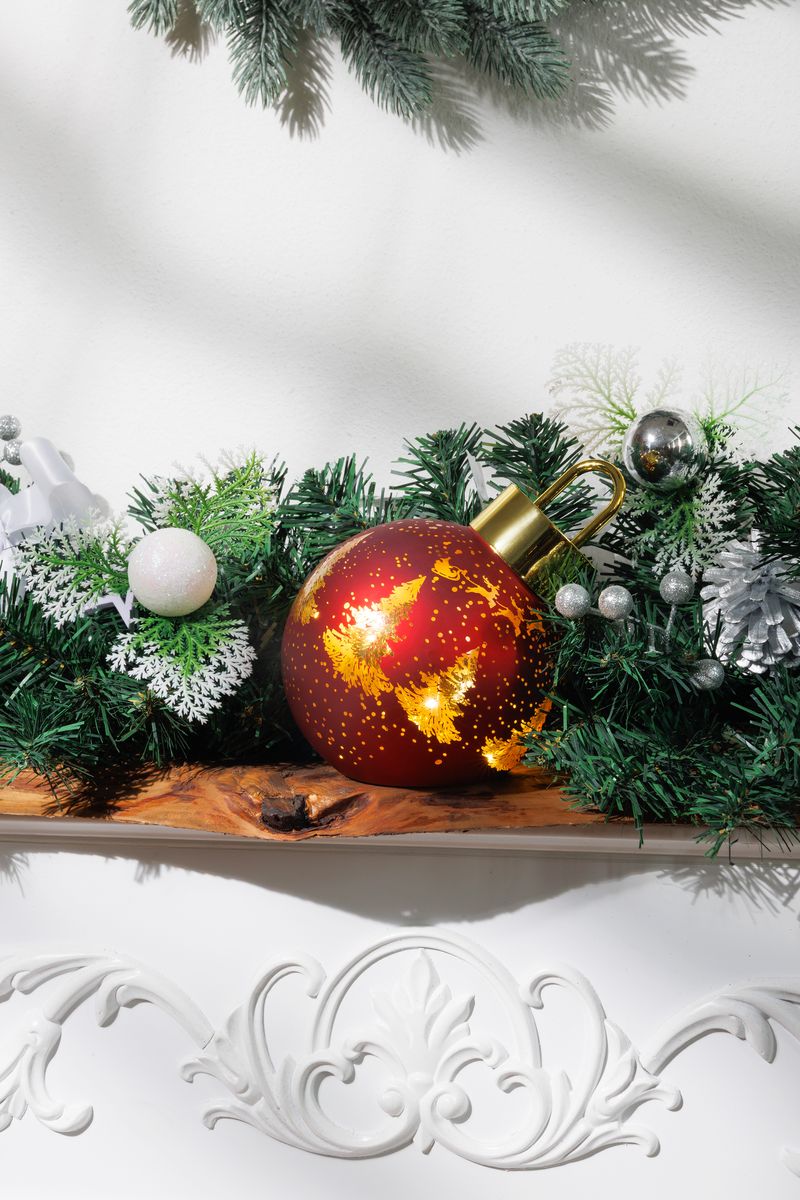 Guľa MagicHome Vianoce, sklo, červená, 10xLED teplá biela, 12x12x18 cm, 2xAA – Obrázok 2