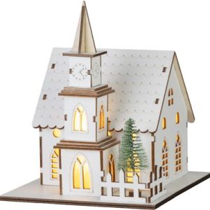 Dekorácia MagicHome Vianoce, kostol, drevo, 6xLED teplá biela, 15x17x18.5 cm, 2xAAA