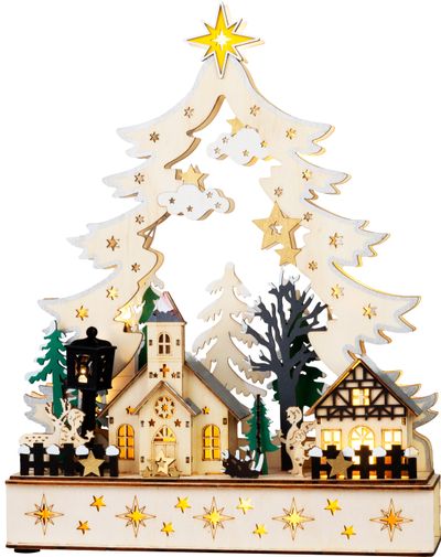 Dekorácia MagicHome Vianoce, dedinka, drevo, 12xLED teplá biela, 25x7.5x32 cm, 2xAA – Obrázok 4