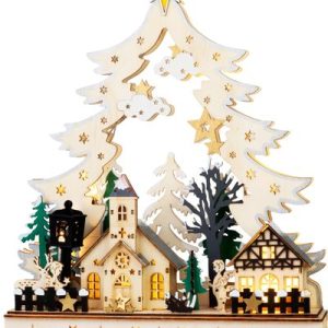Dekorácia MagicHome Vianoce, dedinka, drevo, 12xLED teplá biela, 25x7.5x32 cm, 2xAA