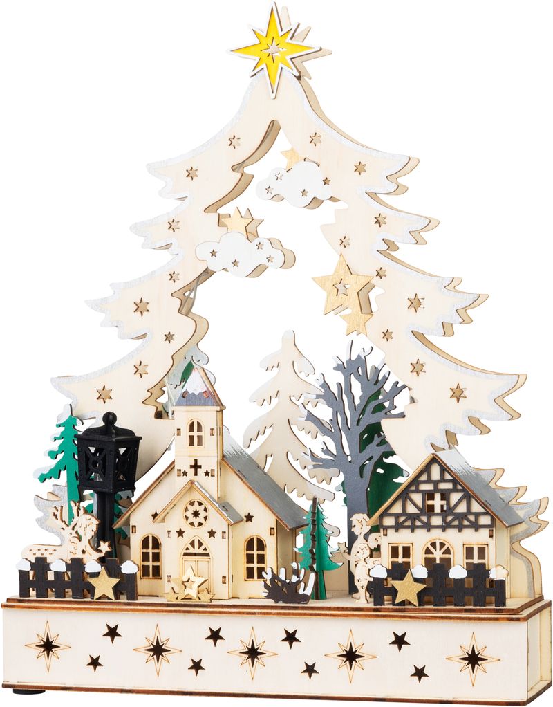 Dekorácia MagicHome Vianoce, dedinka, drevo, 12xLED teplá biela, 25x7.5x32 cm, 2xAA – Obrázok 3