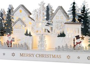 Dekorácia MagicHome Vianoce, dedinka, drevo, 15xLED teplá biela, 45x15x22.7 cm, 2xAA