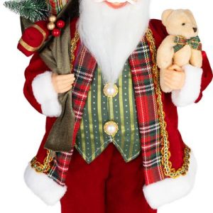 Dekorácia MagicHome Vianoce, Santa, s darčekom a medveďom, červený, 46 cm