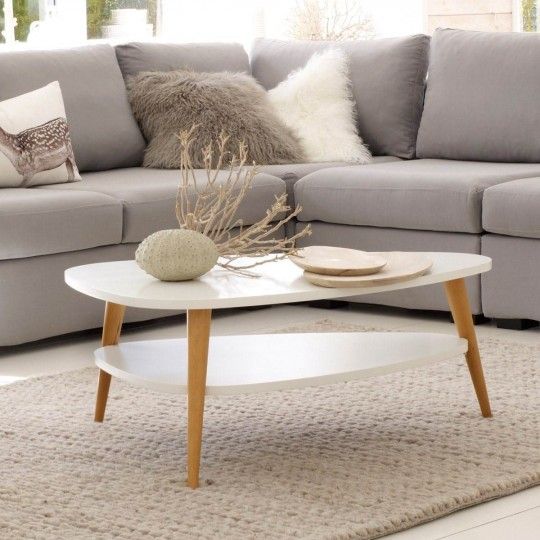 Moderný konferenčný stolík s poličkou a drevenými nohami, biely, ModernHome – Obrázok 4