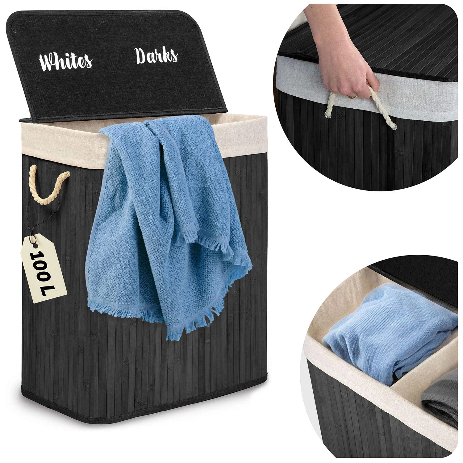 Bambusový kôš na bielizeň s vekom 100 l Massido – Obrázok 10