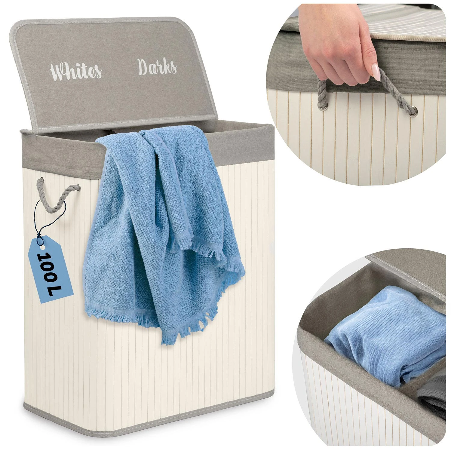 Bambusový kôš na bielizeň s vekom 100 l Massido – Obrázok 10