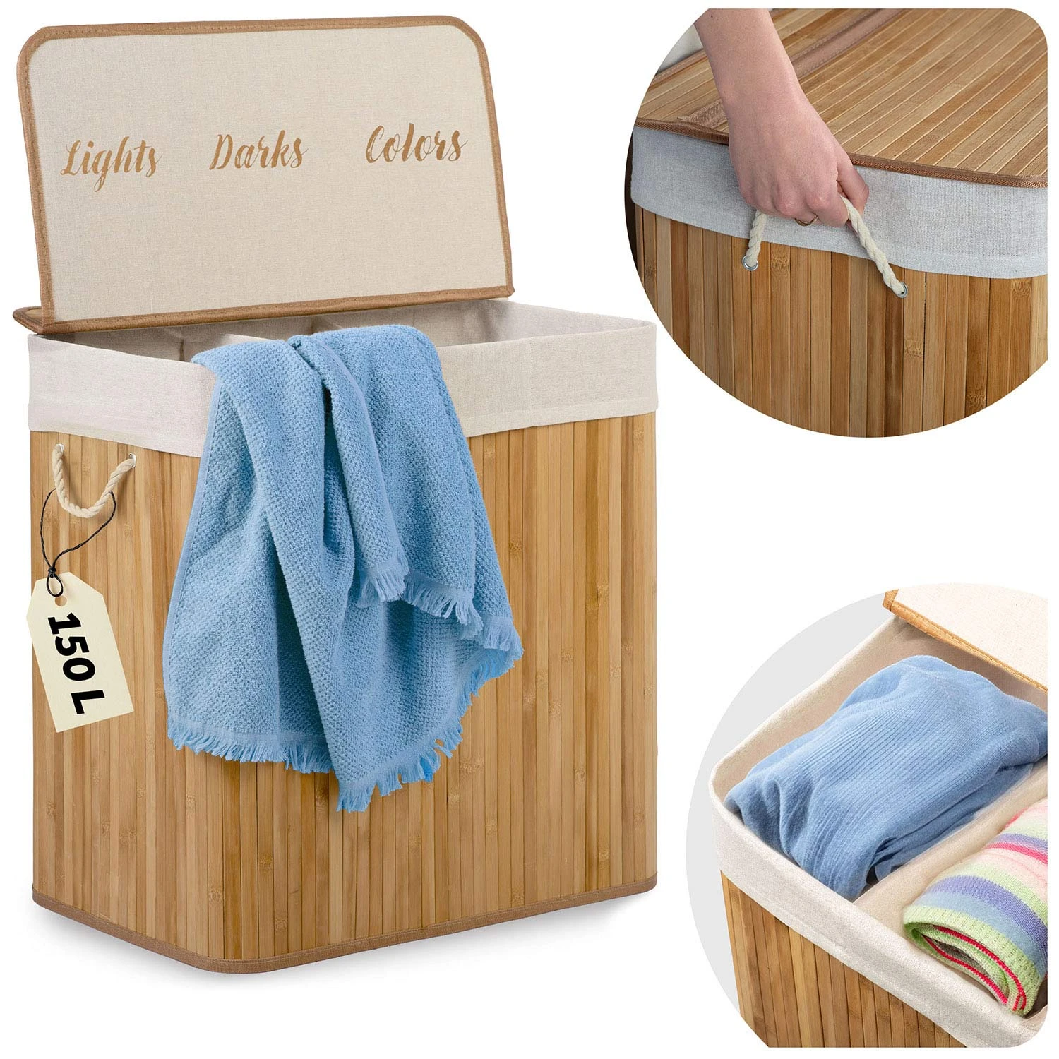 Bambusový kôš na bielizeň s vekom 150 l Massido – Obrázok 10