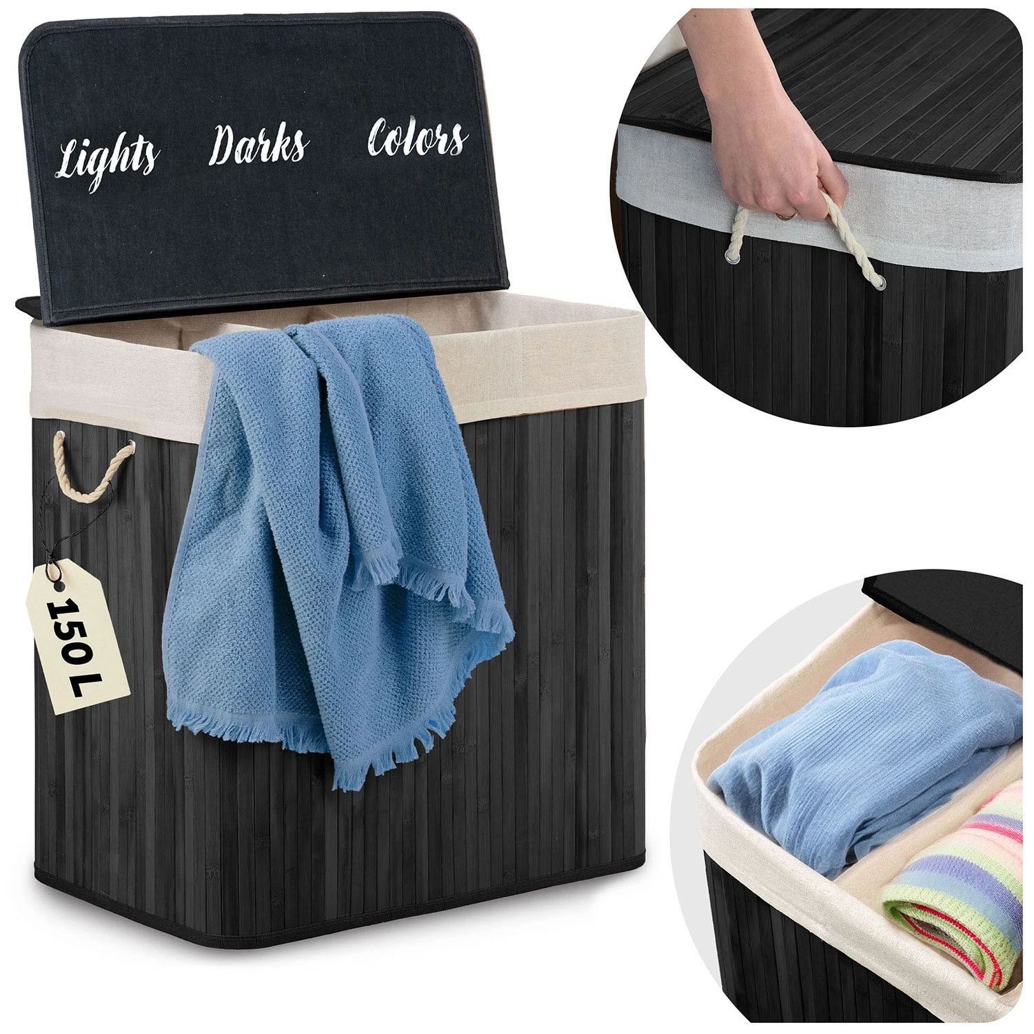 Bambusový kôš na bielizeň s vekom 150 l Massido – Obrázok 10