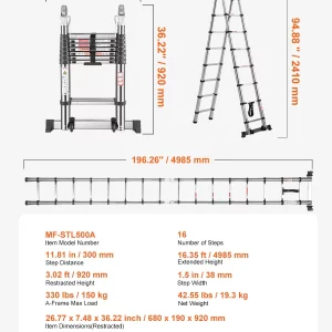 Teleskopický rebrík  s rámom v tvare A, 4985 mm dlhý výsuvný rebrík z nehrdzavejúcej ocele, skladací rebrík s nosnosťou 150 kg (75°), rebrík s vyrovnávacou lištou do domu, obytného auta, na podkrovie