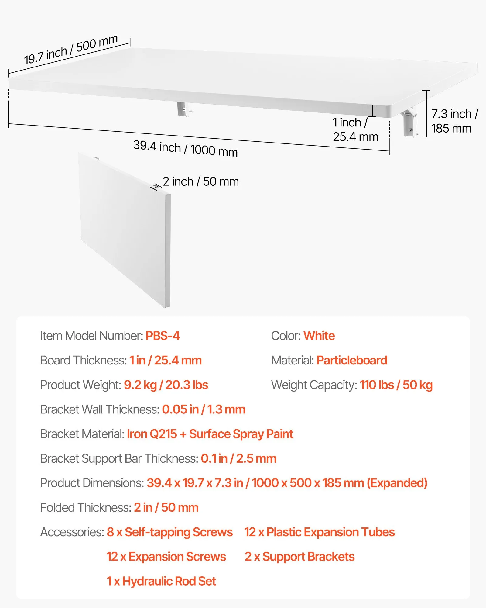Nástenný skladací stôl, 100 x 50 cm, skladací stôl, plávajúci stôl s železnou konzolou, skladací stôl do malých priestorov, domáca kancelária, jedáleň, práčovňa, kuchyňa, bar, biely – Obrázok 5