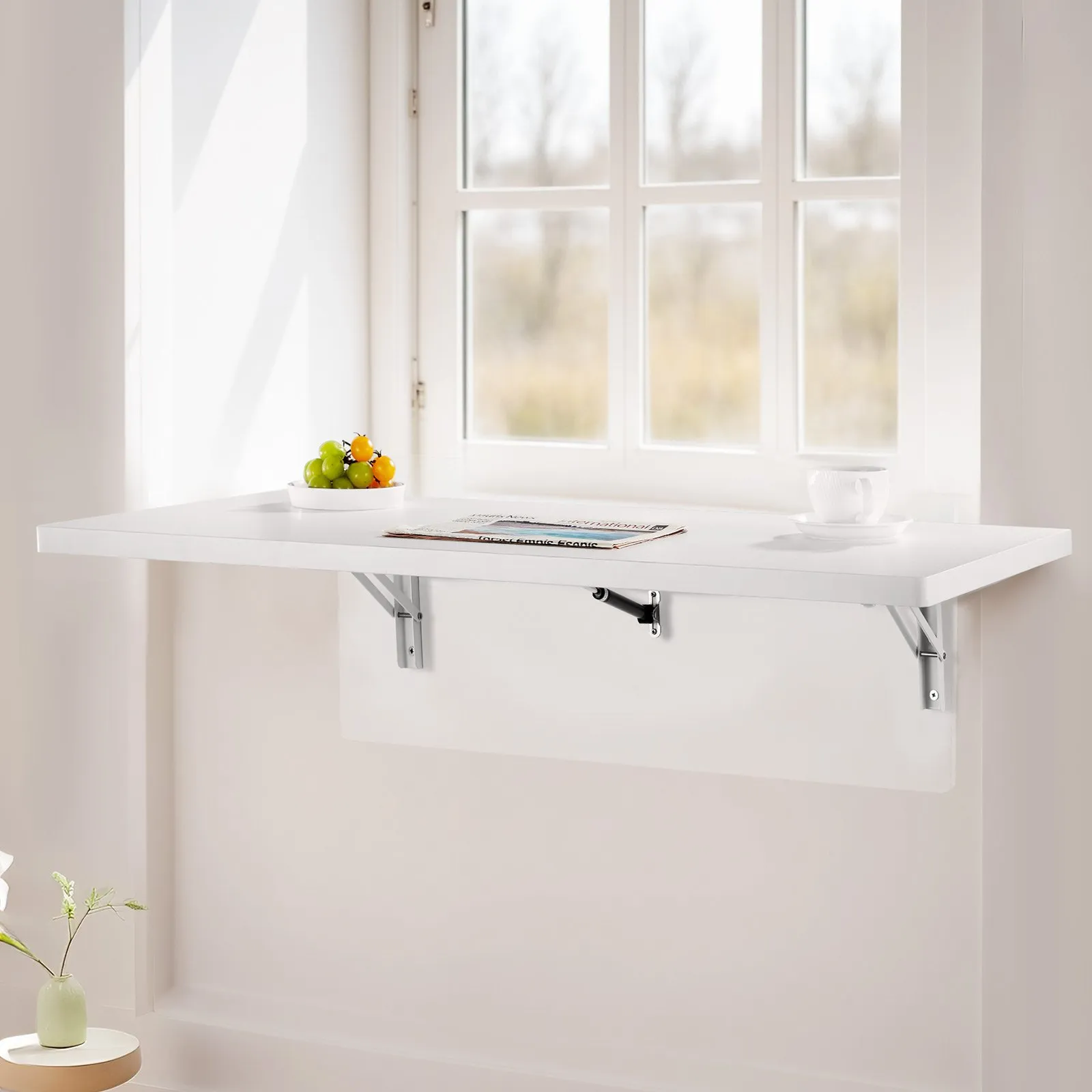 Nástenný skladací stôl, 100 x 50 cm, skladací stôl, plávajúci stôl s železnou konzolou, skladací stôl do malých priestorov, domáca kancelária, jedáleň, práčovňa, kuchyňa, bar, biely – Obrázok 2