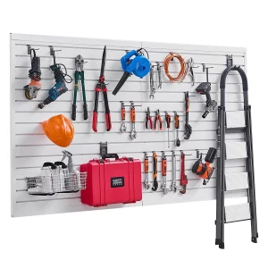Stena na náradie 1225x2450x20mm, PVC lamelová stena do garáže s príslušenstvom, 136 kg, biely nástenný organizér, lamelová stena so spojovacou konštrukciou a možnosťou rezania svojpomocne, vhodné na skladovanie a prezentáciu