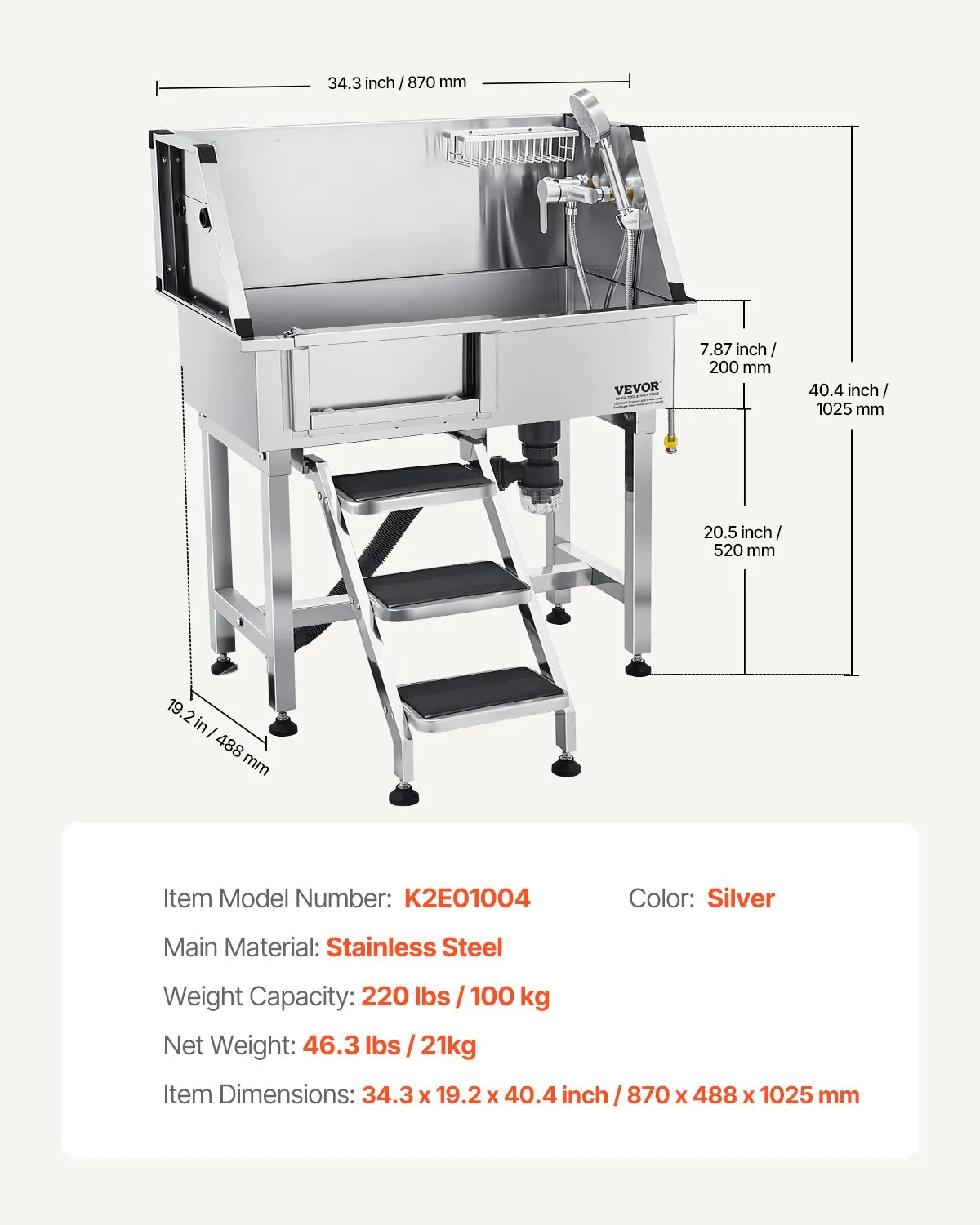 Vaňa z nehrdzavejúcej ocele pre psov, 870x488x1025 mm, vaňa na starostlivosť o domáce zvieratá s poličkou, batériou, sprchovou hlavicou a držiakom na mydlo, vaňa pre psov, pre stredné a malé domáce zvieratá (ľavé dvierka) – Obrázok 3