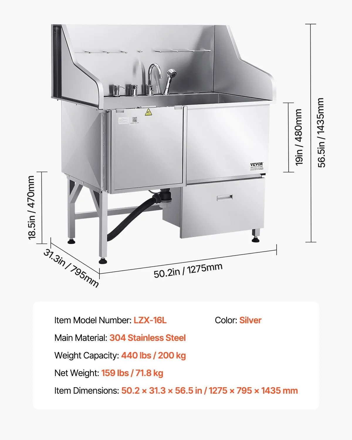 Umývacia stanica pre psov 304 z nehrdzavejúcej ocele, 127 cm vaňa na strihanie s protišmykovou úpravou, plochá rampa, zásuvka, kohútik s teplou a studenou vodou, vaňa typu všetko v jednom pre salóny strihania, vhodná pre všetky veľkosti (ľavé dvere) – Obrázok 4