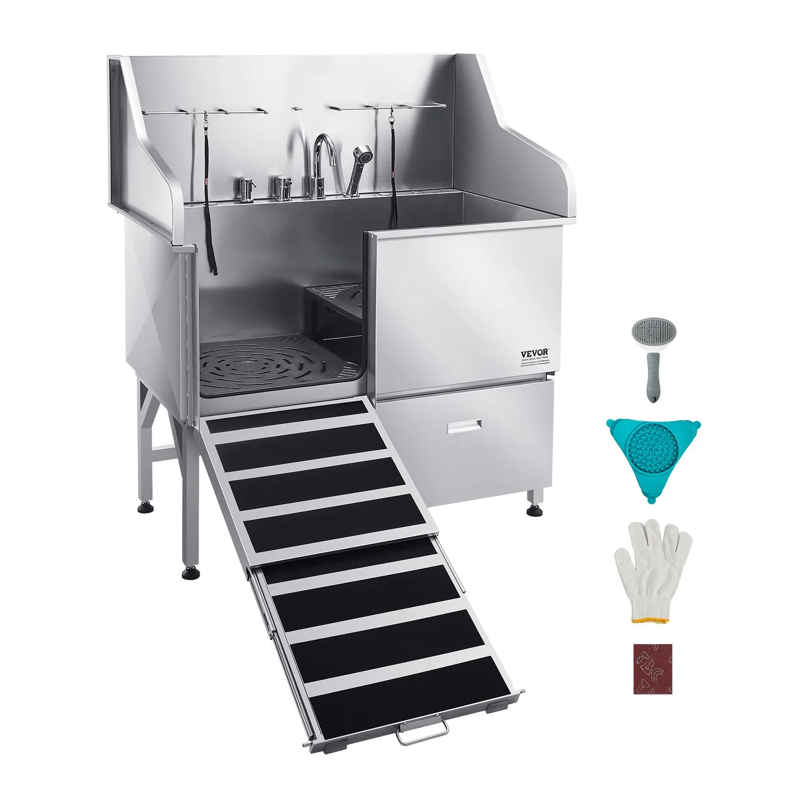 Umývacia stanica pre psov 304 z nehrdzavejúcej ocele, 127 cm vaňa na strihanie s protišmykovou úpravou, plochá rampa, zásuvka, kohútik s teplou a studenou vodou, vaňa typu všetko v jednom pre salóny strihania, vhodná pre všetky veľkosti (ľavé dvere)
