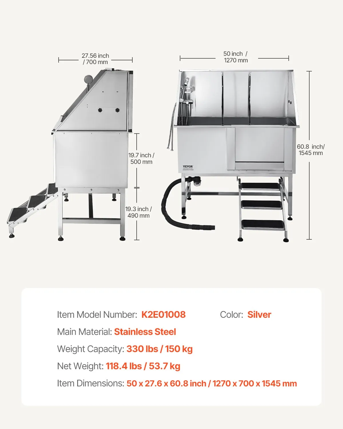 Umývacia stanica pre psov z nehrdzavejúcej ocele, vaňa na starostlivosť o domáce zvieratá 1270x700x1545 mm so schodíkmi, filtračná doska z PE vody, batéria, sprchová hlavica a držiak na mydlo, pre veľké, stredné a malé domáce zvieratá (pravé dvierka) – Obrázok 4