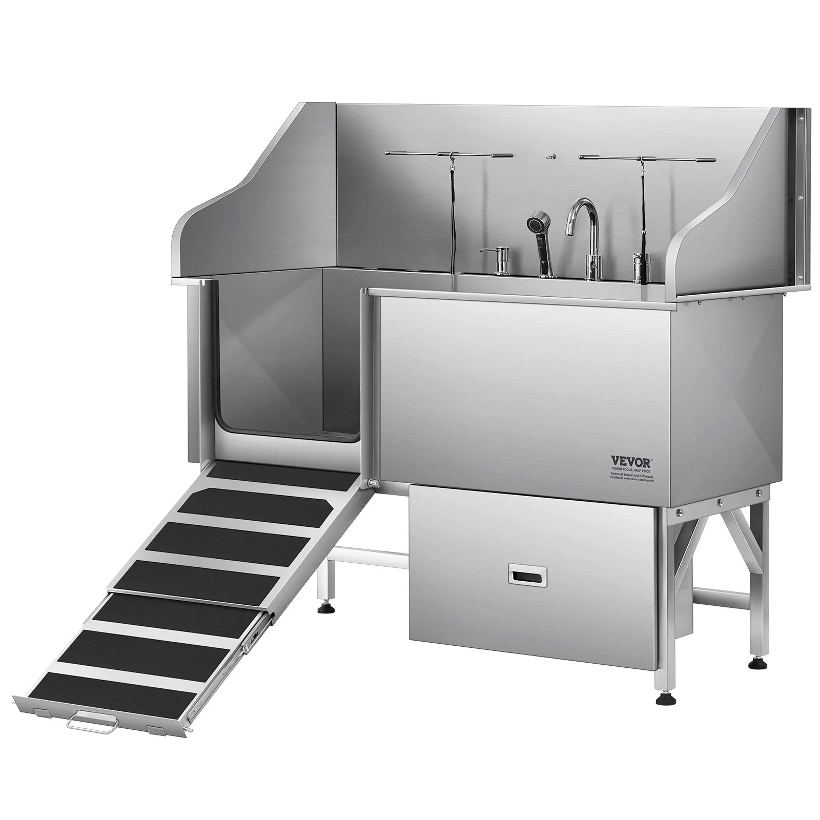 Stanica na umývanie psov 304 z nehrdzavejúcej ocele, 64-palcová vaňa na strihanie s protišmykovou úpravou, plochá rampa, zásuvka, kohútik na teplú a studenú vodu, vaňa typu všetko v jednom pre salóny na strihanie, vhodná pre všetky veľkosti (ľavé dvere)