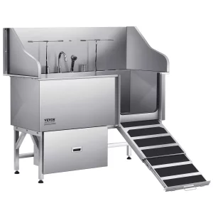 Stanica na umývanie psov 304 z nehrdzavejúcej ocele, 64-palcová vaňa na strihanie s protišmykovou úpravou, plochým schodom, zásuvkou, kohútikom na teplú a studenú vodu, vaňa typu všetko v jednom pre salóny na strihanie, vhodná pre všetky veľkosti (pravé dvierka)