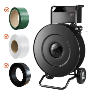 Dávkovací vozík, vhodný pre pásky PET/PP/oceľové s priemerom jadra 203/406 mm, robustný páskovací vozík s vylepšenou bubnovou brzdou, integrovaný priestranný úložný priestor na náradie