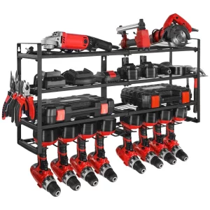 Nástenný držiak na náradie 4-úrovňový úložný stojan s 8 držiakmi na vrtáky, držiak na náradie s držiakom na skrutkovače, organizér na náradie do garáže, pracovného stola a dielne