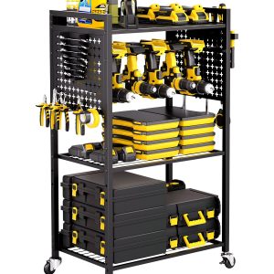 Náradie  so 4 úrovňami, nosnosť 68 kg, dielenský vozík s držiakom na vŕtačku a pevnou úložnou policou, montážny vozík do garáže, dielňa, čierny, 560x350x970 mm