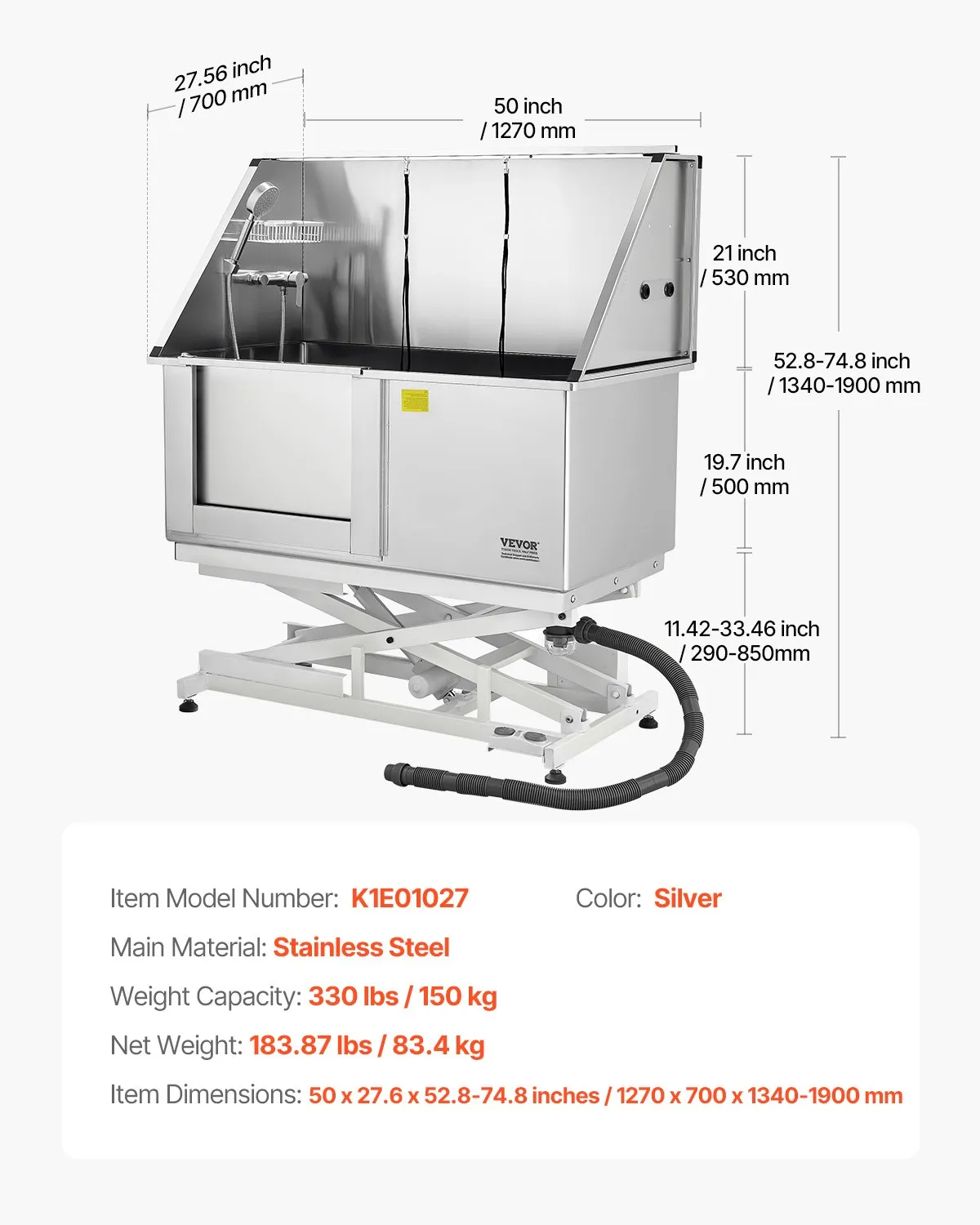 Elektrická umývacia stanica pre psov so zdvíhacou funkciou, 127 cm vaňa pre domáce zvieratá s PE filtračnou doskou na vodu, batériou a sprchovou hlavicou, vaňa pre psov, umývadlo pre viac domácich zvierat (ľavé dvierka) – Obrázok 6