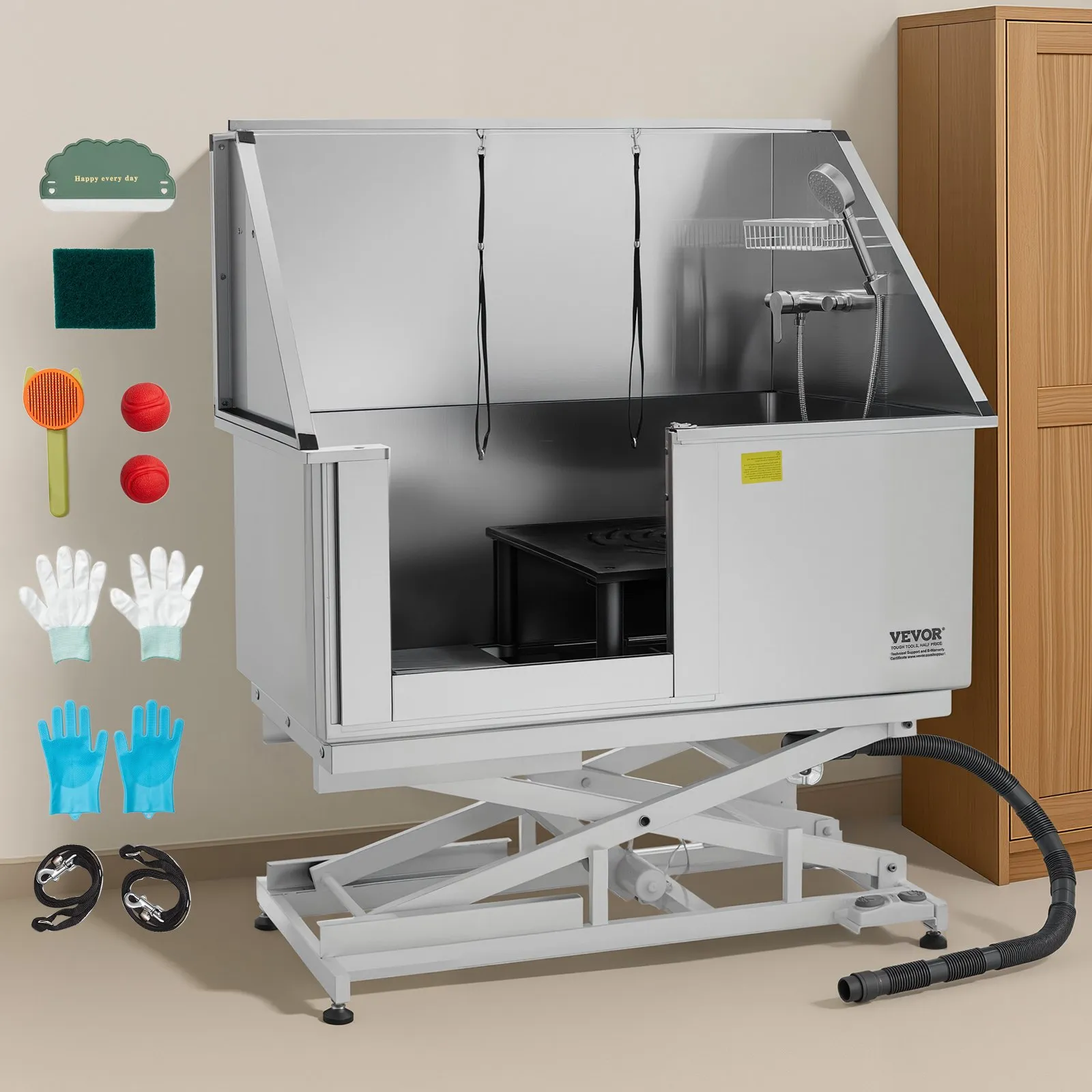 Elektrická umývacia stanica pre psov so zdvíhacou funkciou, 127 cm vaňa pre domáce zvieratá s PE filtračnou doskou na vodu, batériou a sprchovou hlavicou, vaňa pre psov, umývadlo pre viac domácich zvierat (ľavé dvierka) – Obrázok 4