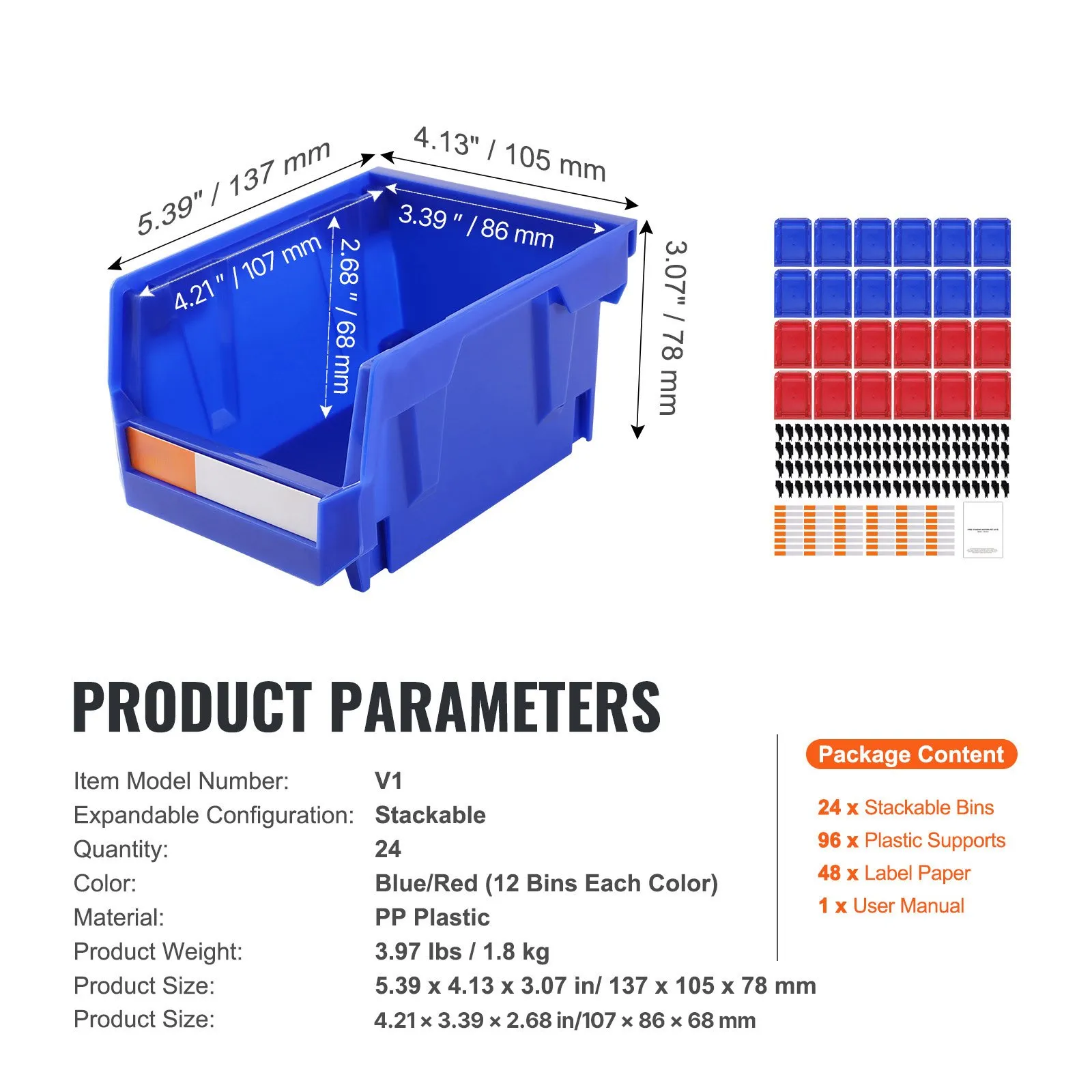 Plastové úložné nádoby (12,7 x 10,2 x 7,6 cm), závesné, stohovateľné úložné nádoby, modré/červené, balenie po 24 kusoch, pevné stohovateľné nádoby na organizáciu skríň, kuchýň, kancelárií alebo špajzí. – Obrázok 2