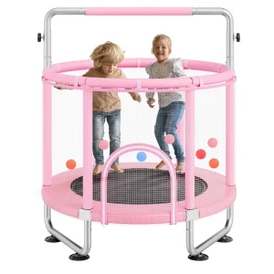 Detská mini trampolína na voľný čas, 147 cm, nastaviteľná, pre batoľatá, s bezpečnostnou sieťou a basketbalovým košom, darček k narodeninám, vianočná hračka pre deti od 3 rokov, ružová