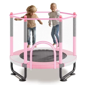 Detská vonkajšia mini trampolína na voľný čas, 1545 mm pre batoľatá s bezpečnostnou sieťou a basketbalovým košom, darček k narodeninám, vianočná hračka pre deti od 3 rokov, ružová
