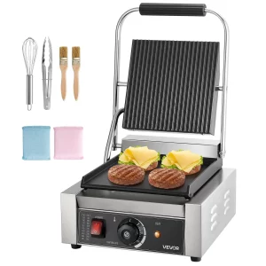 Komerčný kontaktný gril 1800 W Elektrický gril Sendvičovač Panini Press z nehrdzavejúcej ocele s rukoväťou a reguláciou teploty, plochý smaltovaný tanier 22 x 23 cm (jeden), na hamburgery, steaky, slaninu