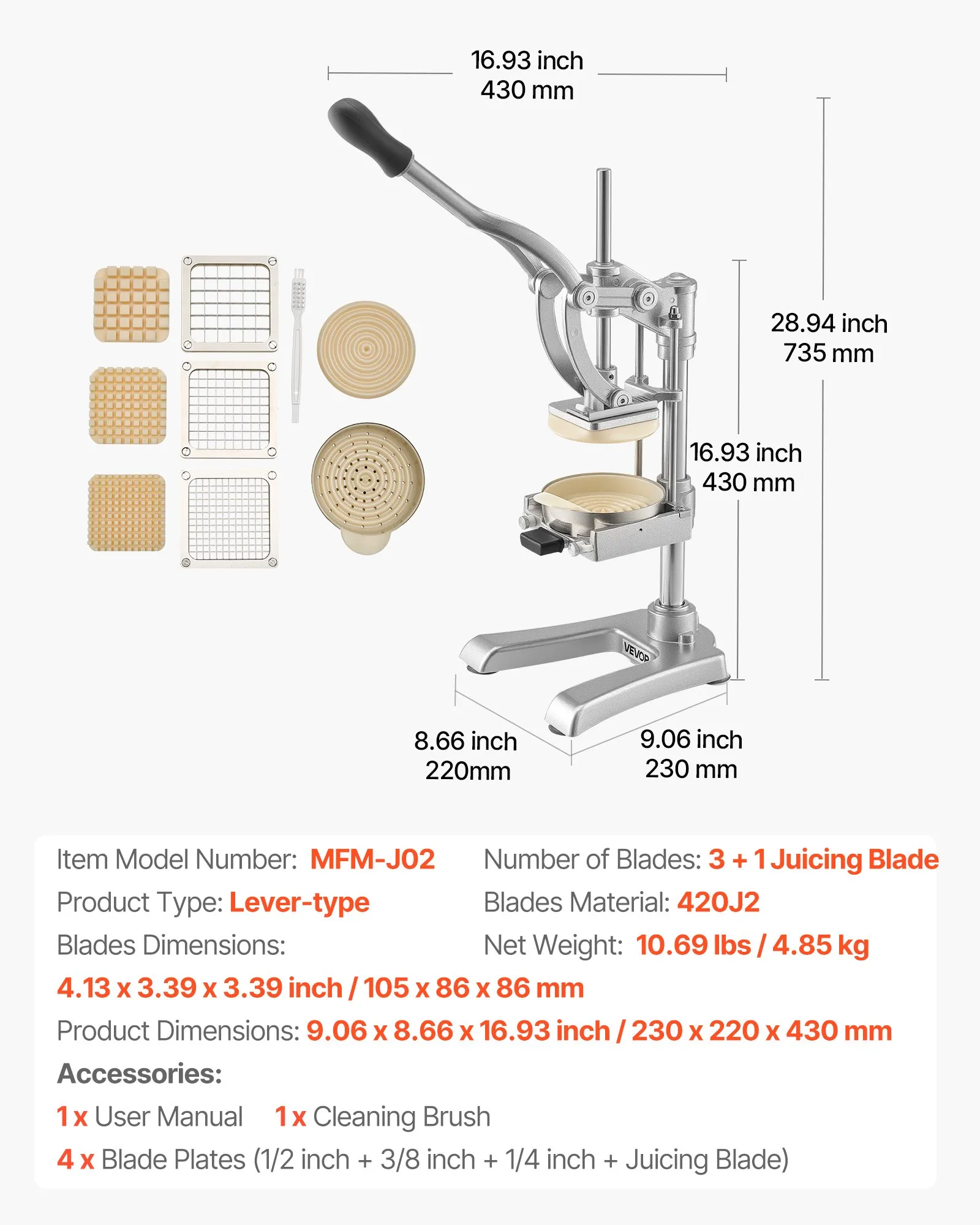 Komerčný krájač hranoliek, krájač zeleniny, krájač ovocia, nehrdzavejúca oceľ s 3 náhradnými čepeľami (12,7/9,525/6,35 mm) a čepeľou odšťavovača, manuálny krájač zemiakov, krájač hranoliek – Obrázok 6