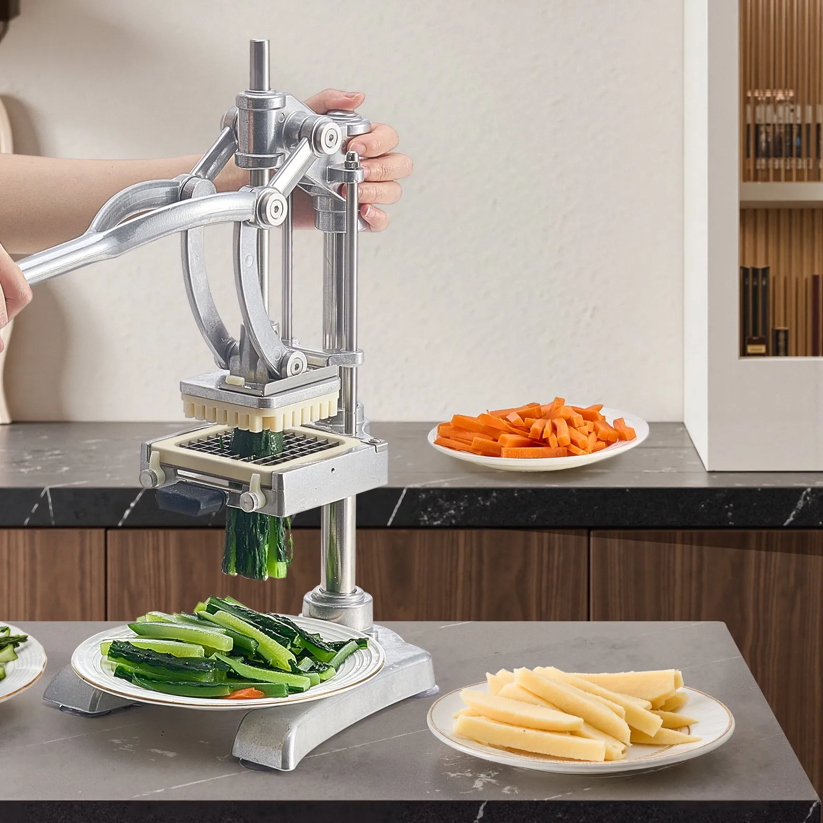 Komerčný krájač hranoliek, krájač zeleniny, krájač ovocia, nehrdzavejúca oceľ s 3 náhradnými čepeľami (12,7/9,525/6,35 mm) a čepeľou odšťavovača, manuálny krájač zemiakov, krájač hranoliek – Obrázok 4