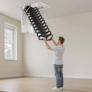 Povalový rebrík , nosnosť 299,4 kg, vhodný pre výšku stropu 3,2 – 3,35 m a rozmer otvoru 1000,76 x 698,5 mm, výsuvný stropný rebrík z legovanej ocele s tiahlom do povalového priestoru