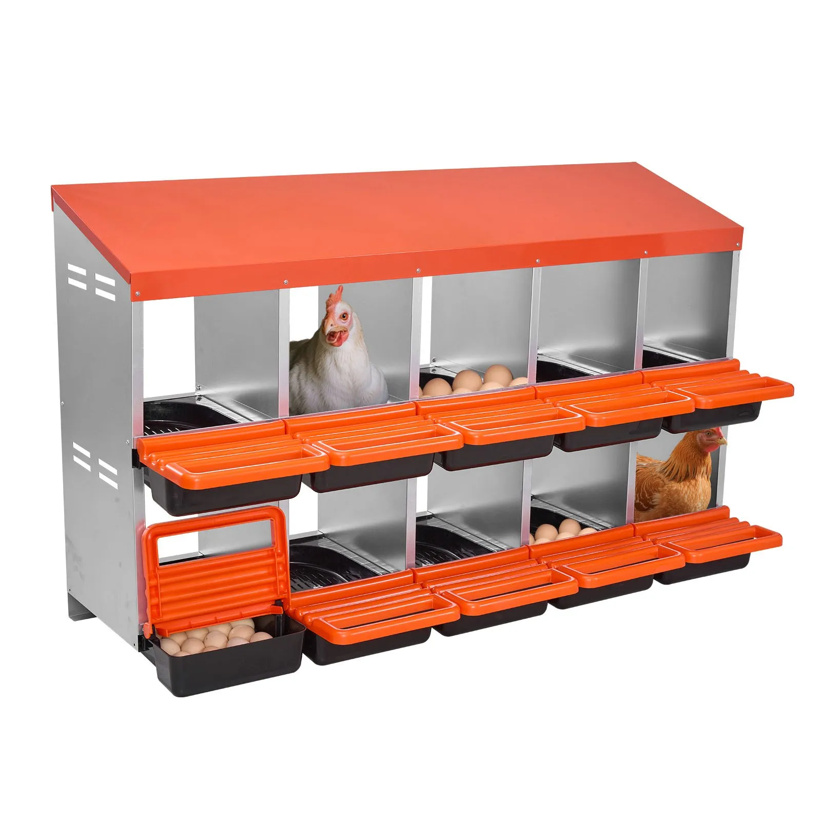 Nosné hniezdo s 10 priehradkami, zrolovateľné kovové hniezdo s ochrannými zbernými viečkami, zrolovateľná znášková box, hniezdo pre kurčatá, ideálne pre sliepky, kačice, kohúty a inú hydinu, 1320x525x790 mm – Obrázok 2