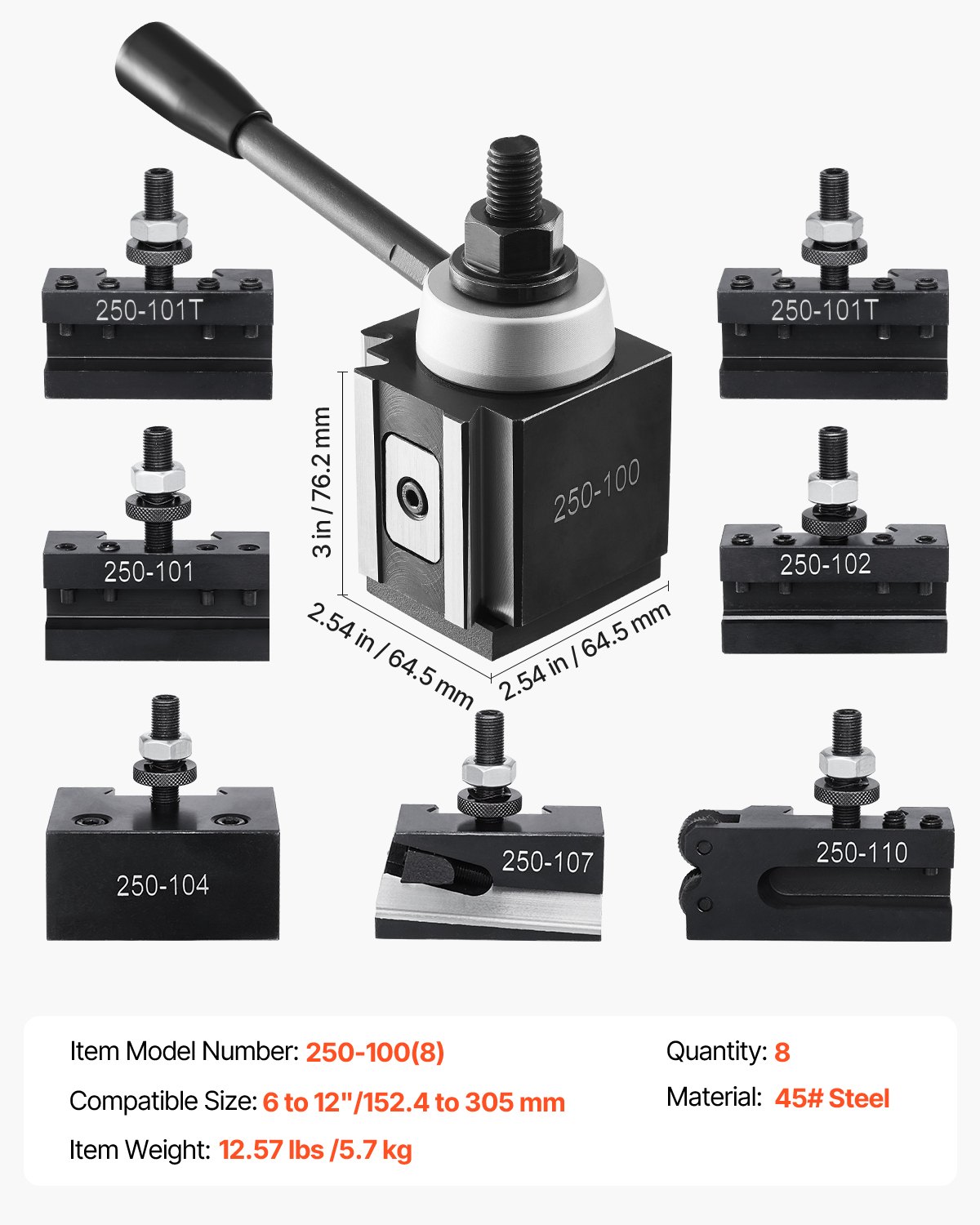 Sada držiakov nástrojov s rýchlou výmenou, 8-dielna, oceľový držiak, vhodný pre mini sústruhy a kovové sústruhy s priemerom otáčania 152,4 až 305 mm, ideálne vylepšenie pre vašu dielňu – Obrázok 6
