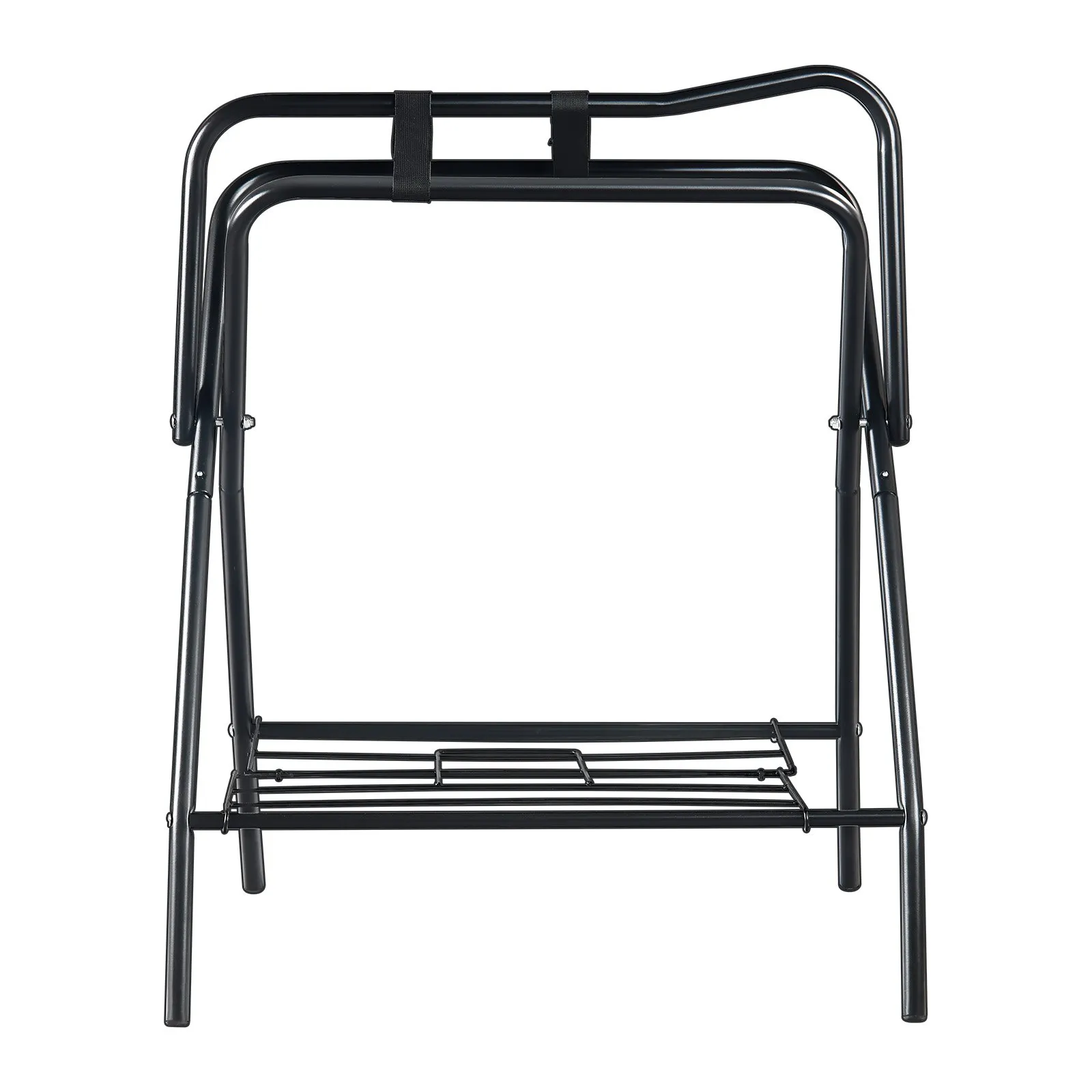 Skladací stojan na sedlá, stojan na sedlá pre kone do 60 kg, prenosný držiak na deky pre kone, robustný oceľový stojan na sedlá pre anglické a westernové sedlá, úložný priestor na uzdy, čierny – Obrázok 4