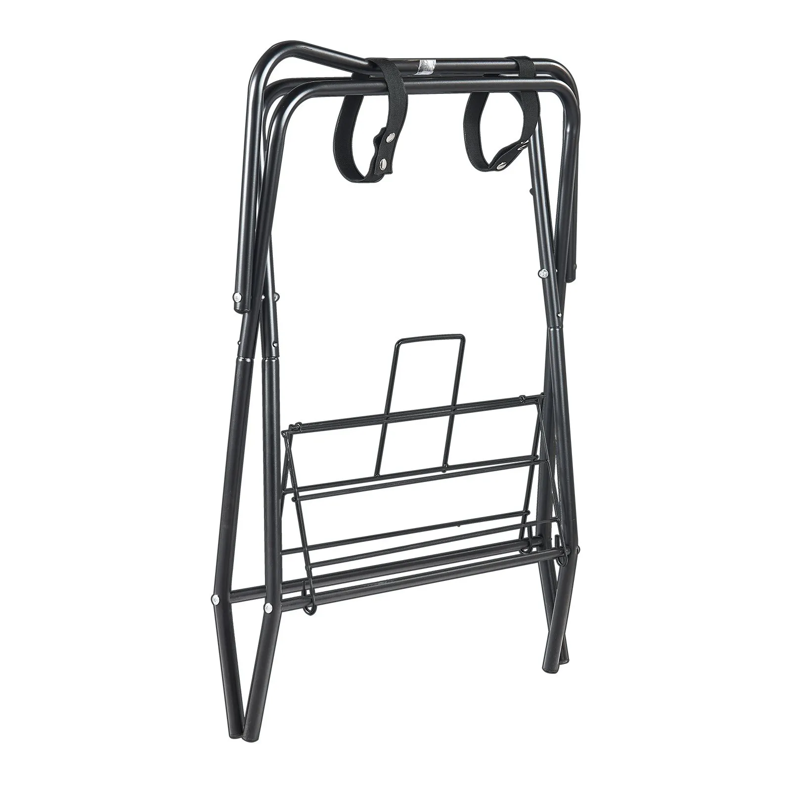 Skladací stojan na sedlá, stojan na sedlá pre kone do 60 kg, prenosný držiak na deky pre kone, robustný oceľový stojan na sedlá pre anglické a westernové sedlá, úložný priestor na uzdy, čierny – Obrázok 2