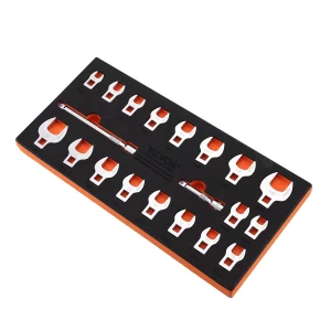 Sada kľúčov Crowfoot, upínací priemer 9,525 mm, 20-dielna sada kľúčov Crowfoot s 2 predlžovacími tyčami a organizérom na náradie EVA, SAE 3/8-2,22 cm a metrické 10-22 mm, materiál 40CR
