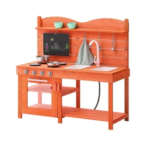 Bahenná kuchynka 1050x400x965mm, Drevená hračkárska kuchynská súprava, Vonkajšia hracia kuchynka pre batoľatá a deti, Hracia kuchynka so sporákom, drezom, batériou, tabuľou, riadom, hrncami a príslušenstvom