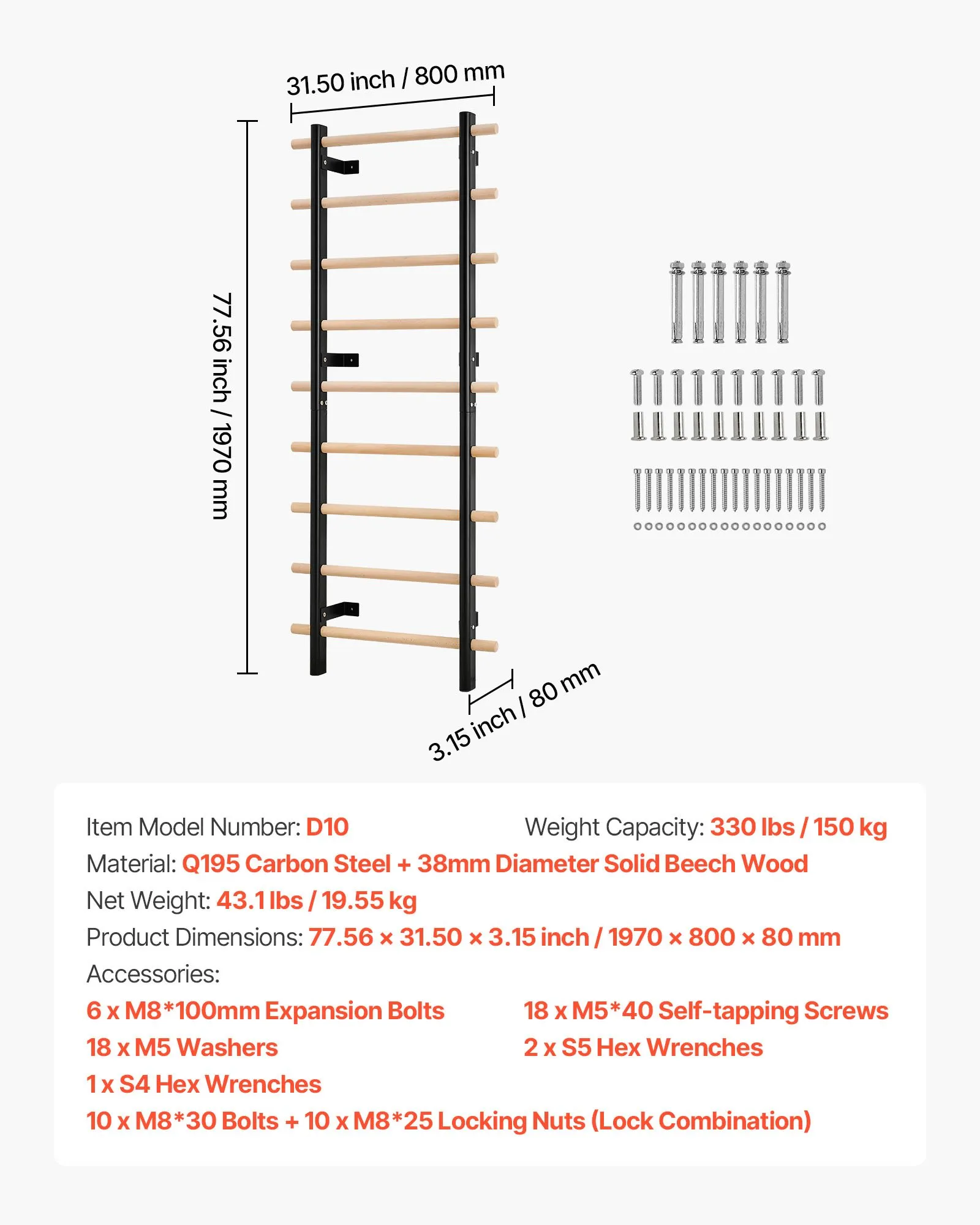 Švédska stena, 9-stupňová lezecká hračka, nástenná telocvičňa z masívneho dreva a uhlíkovej ocele, nosnosť 150 kg, vnútorná lezecká veža s príslušenstvom na posilňovací stojan 8 x 8 cm, hrazda – Obrázok 6