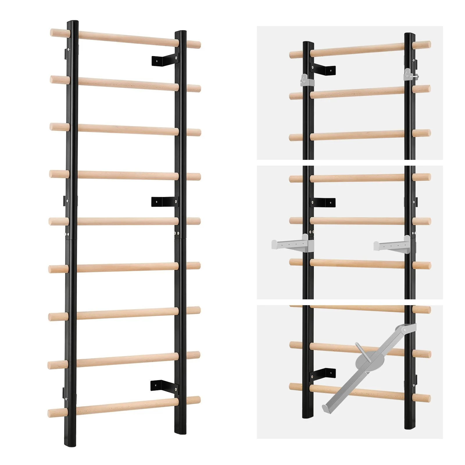 Švédska stena, 9-stupňová lezecká hračka, nástenná telocvičňa z masívneho dreva a uhlíkovej ocele, nosnosť 150 kg, vnútorná lezecká veža s príslušenstvom na posilňovací stojan 8 x 8 cm, hrazda – Obrázok 4