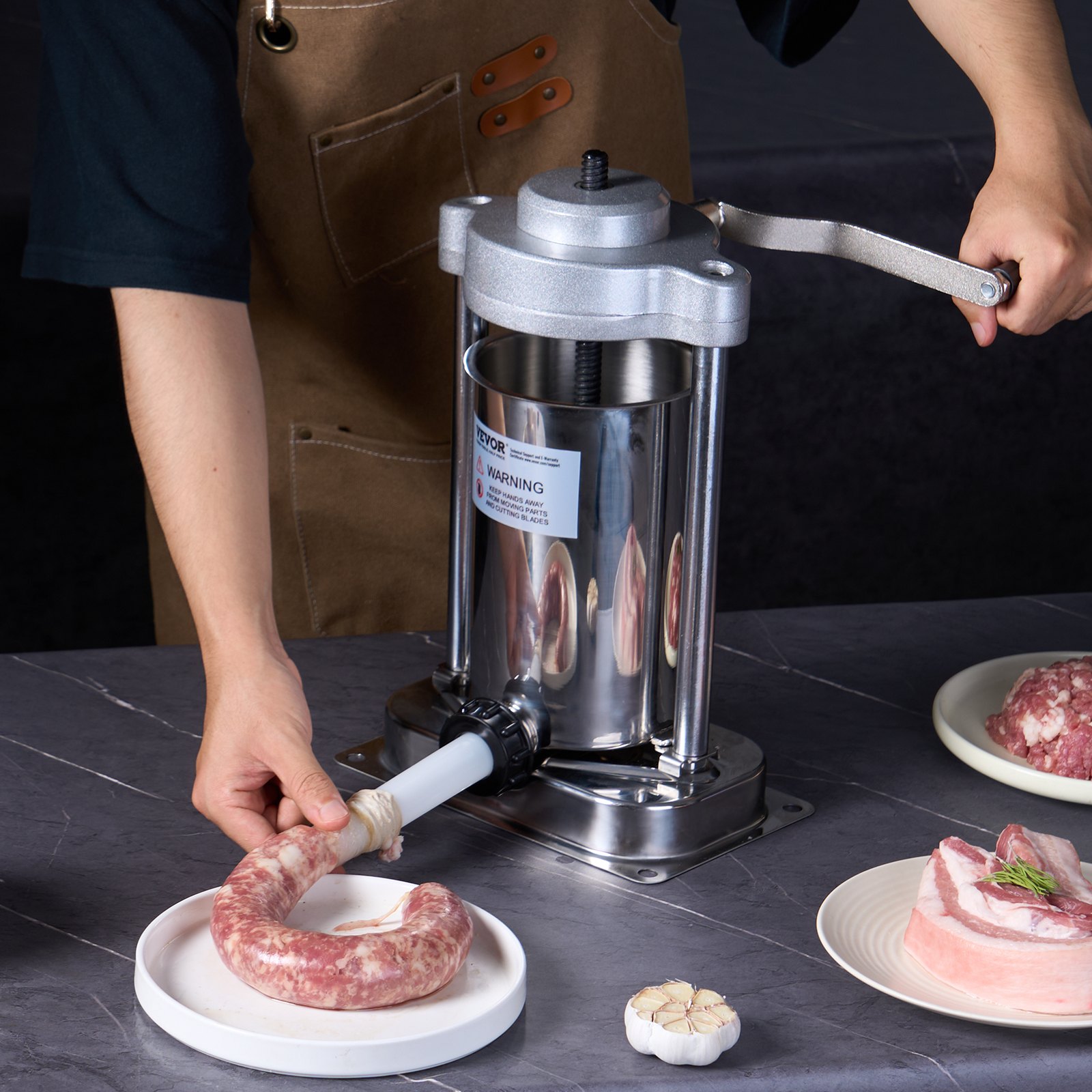 Ručná plnička klobás , vertikálny stroj na klobásy s objemom 2 l / 5 libier so svorkou typu G, sud z nehrdzavejúcej ocele potravinárskej kvality 304 s 2 plniacimi trubicami, pre domáce, kuchynské, reštauračné a komerčné použitie – Obrázok 2