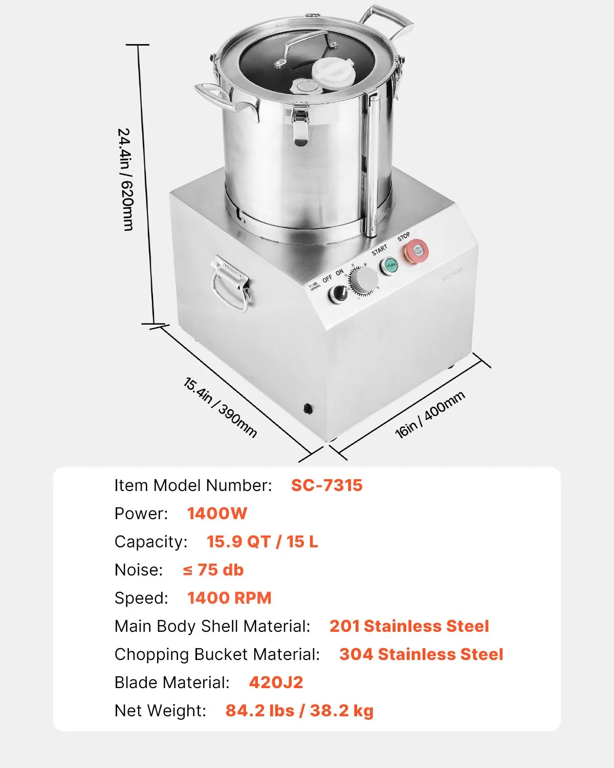 Kuchynský robot , sekač zeleniny, 15 l, vyrobený z nehrdzavejúcej ocele potravinárskej kvality s 2 ďalšími čepeľami v tvare S, multifunkčný na sekanie zeleniny, ovocia a obilnín – Obrázok 5