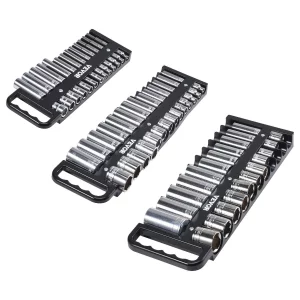 Sada organizérov na nástrčné kľúče, 3-dielna sada organizérov na metrické a SAE nástrčné kľúče, držiaky na nástrčné kľúče 1/4 palca, 3/8 palca a 1/2 palca s rukoväťou a magnetickou základňou, až pre 76 nástrčných kľúčov