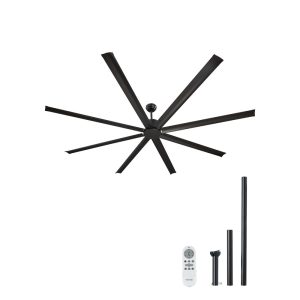 Stropný ventilátor 243 cm bez svetla, 6-rýchlostné diaľkové ovládanie, 8 hliníkových lopatiek, reverzibilný jednosmerný motor, ventilátor do spálne, obývačky, na terasu, na vnútorné/vonkajšie použitie, čierny