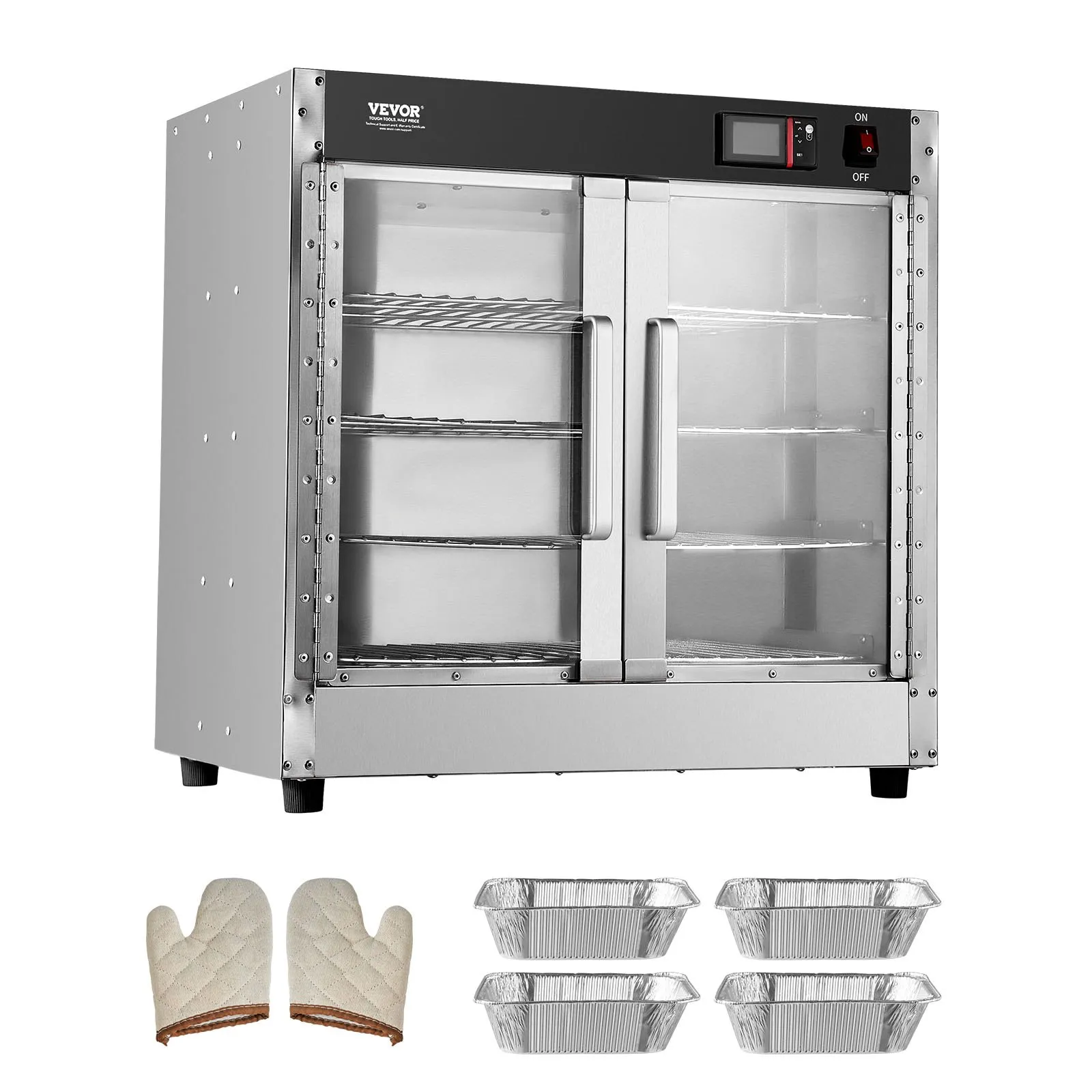 Ohrievač potravín Hot Box, 4-poschodový ohrievač občerstvenia s miskou na vodu, 4 panvice, dvojité sklenené dvere a nastaviteľné police, ohrievacia skrinka z nehrdzavejúcej ocele, ideálna na skladovanie pizze – Obrázok 3